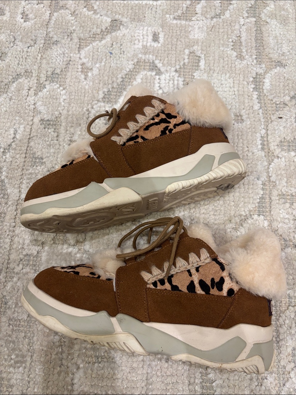 Mou Brown Suede Shearling Sneakers with Leopard Print - Picture 2 of 5